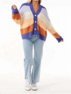 Rip Curl Fuzzy Stripe Cardigan S Cozy Boho Coastal Grandma FP Style